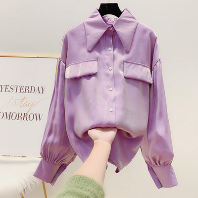 ΝΕΟ μοντέλο γυναικείο πουκάμισο με κλασικό γιακά σε μοβ, λευκό και πράσινο χρώμα με γυαλιστρό εφέ