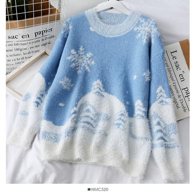 Női karácsonyi pulóver kerek nyakkivágással, piros, kék és zöld színben