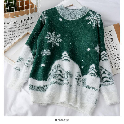 Női karácsonyi pulóver kerek nyakkivágással, piros, kék és zöld színben