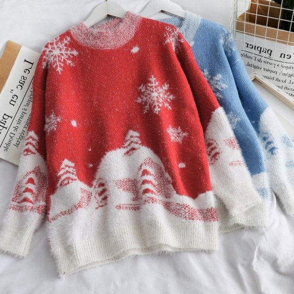 Női karácsonyi pulóver kerek nyakkivágással, piros, kék és zöld színben