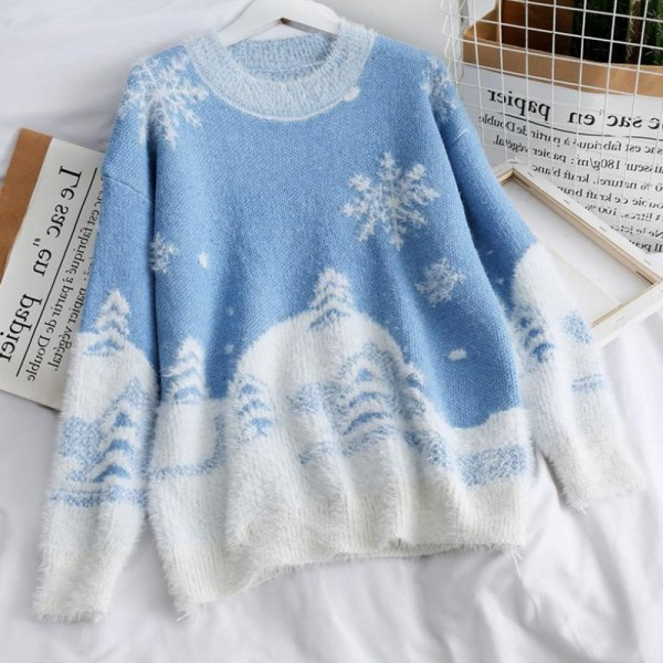 Női karácsonyi pulóver kerek nyakkivágással, piros, kék és zöld színben