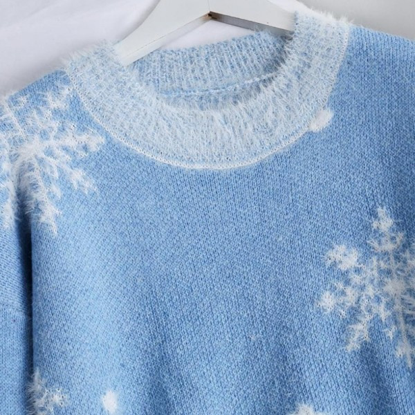 Női karácsonyi pulóver kerek nyakkivágással, piros, kék és zöld színben