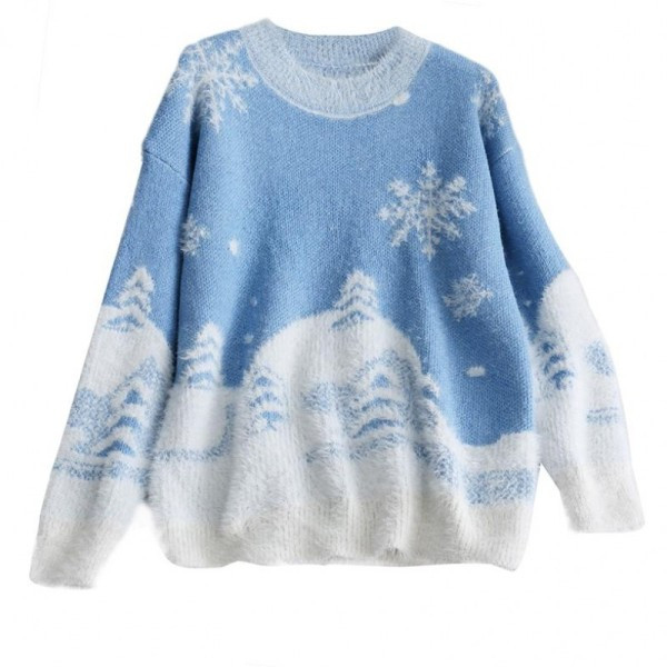 Női karácsonyi pulóver kerek nyakkivágással, piros, kék és zöld színben