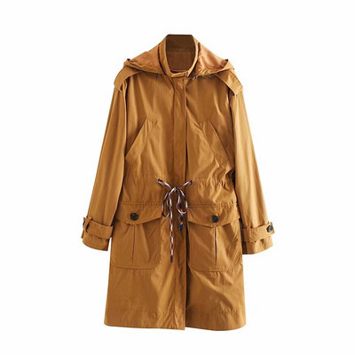 Μακρύ άνοιξη-Φθινόπωρο Casual παλτό με τσέπες σε καφέ χρώμα