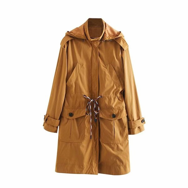 Дълго пролетно-есенно ежедневно палто с джобове и връзки в кафяв цвят