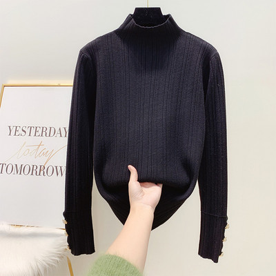 Μοντέρνο γυναικείο πουλόβερ με κουμπιά μανίκια με ημι-ψηλό γιακά