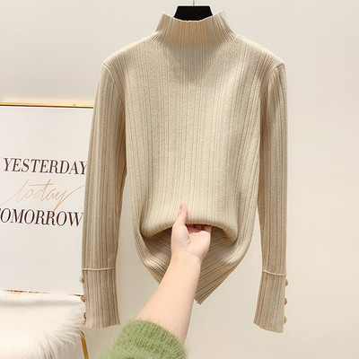 Μοντέρνο γυναικείο πουλόβερ με κουμπιά μανίκια με ημι-ψηλό γιακά