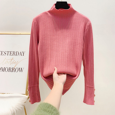 Μοντέρνο γυναικείο πουλόβερ με κουμπιά μανίκια με ημι-ψηλό γιακά