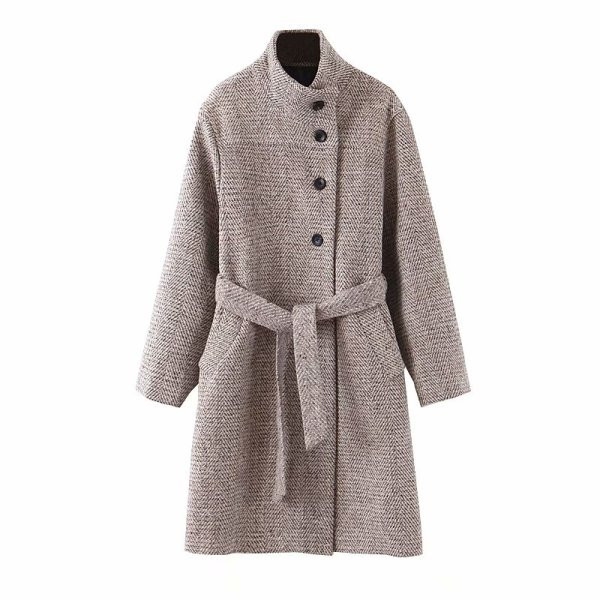 Дълго модерно палто с асиметрично закопчаване и колан в сив цвят