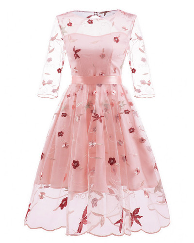 Modern női rövid ruha hímzéssel és 3/4 ujjú bézs és rózsaszín színben