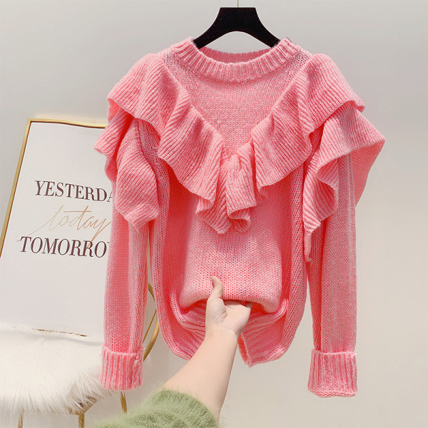 ÚJ Női pulóver fürtökkel és kerek nyakkivágással rózsaszín és bézs színben