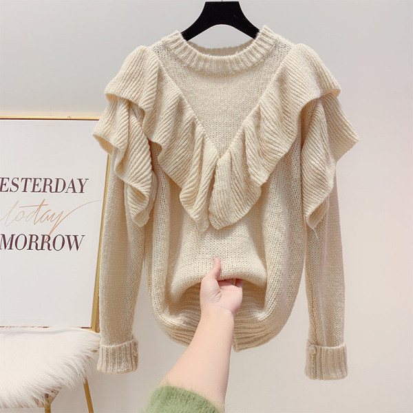 ÚJ Női pulóver fürtökkel és kerek nyakkivágással rózsaszín és bézs színben