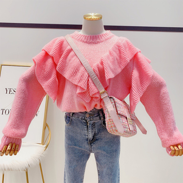 ÚJ Női pulóver fürtökkel és kerek nyakkivágással rózsaszín és bézs színben