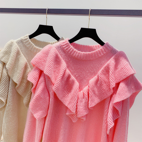 ÚJ Női pulóver fürtökkel és kerek nyakkivágással rózsaszín és bézs színben