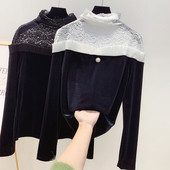 Bluză de damă modernă din catifea cu dantelă și guler polo în alb-negru