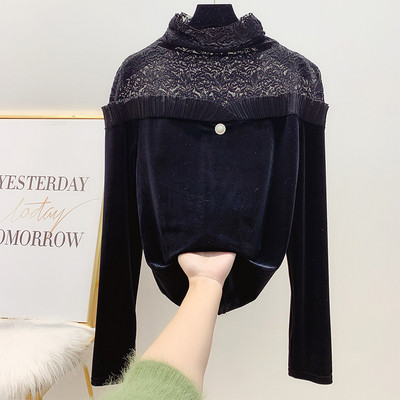 Bluză de damă modernă din catifea cu dantelă și guler polo în alb-negru