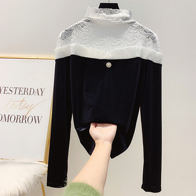 Bluză de damă modernă din catifea cu dantelă și guler polo în alb-negru
