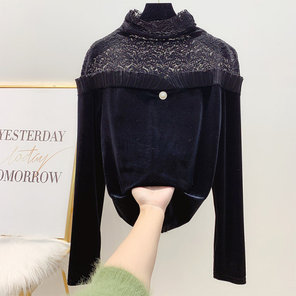 Bluză de damă modernă din catifea cu dantelă și guler polo în alb-negru