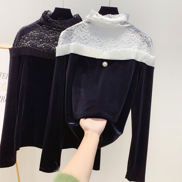 Bluză de damă modernă din catifea cu dantelă și guler polo în alb-negru