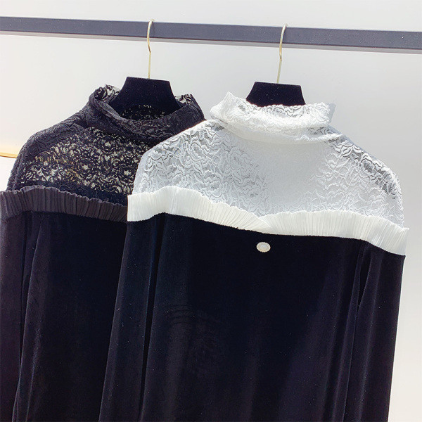 Bluză de damă modernă din catifea cu dantelă și guler polo în alb-negru