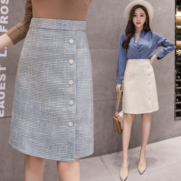 Modern női A-vonalú szoknya kék és bézs színben, magas derékkal és gombokkal