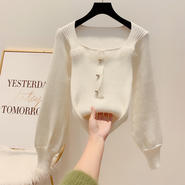 Γυναικείο πουλόβερ με τετράγωνη λαιμόκοψη και τούλι σε μπλε, κόκκινο, μαύρο και άσπρο χρώμα