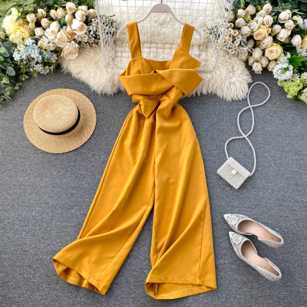 Női hosszú overall széles pántokkal, sárga, rózsaszín és fekete színben