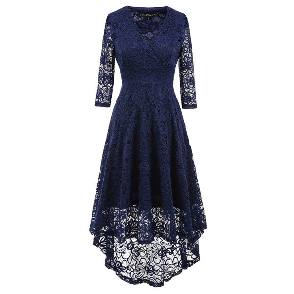 Női csipke ruha hosszú ujjú aszimmetrikus mintával fekete, kék és piros színben