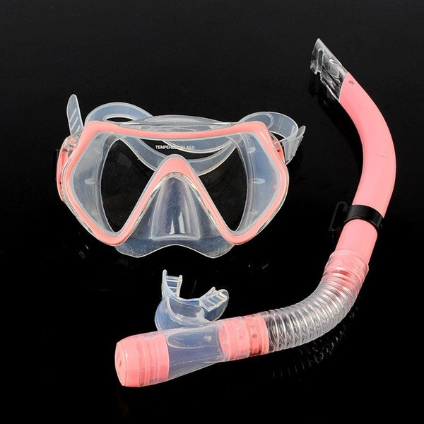 Set de scufundare cu masca cu sticla securizata si snorkel in negru, roz, galben si albastru