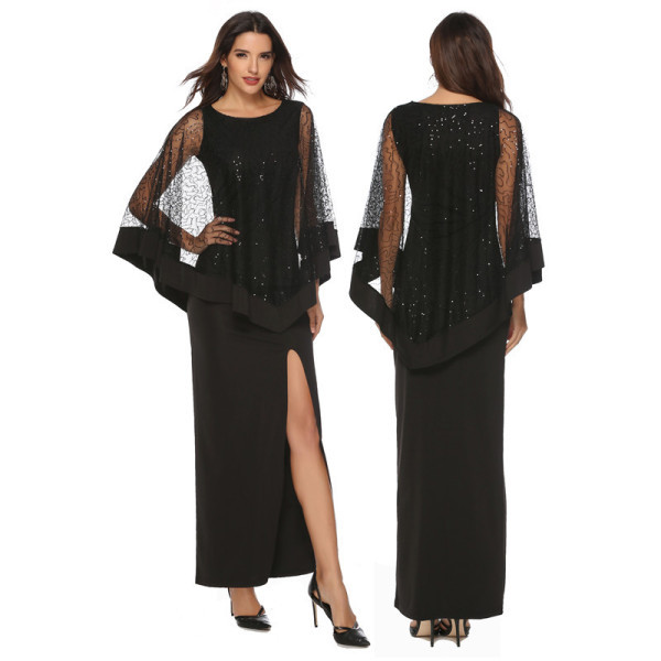 Rochie de seara de dama eleganta cu fanta si efect stralucitor in negru