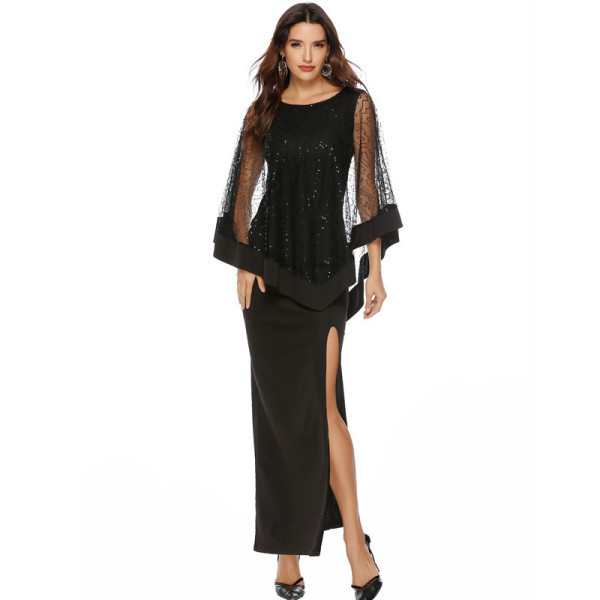 Rochie de seara de dama eleganta cu fanta si efect stralucitor in negru