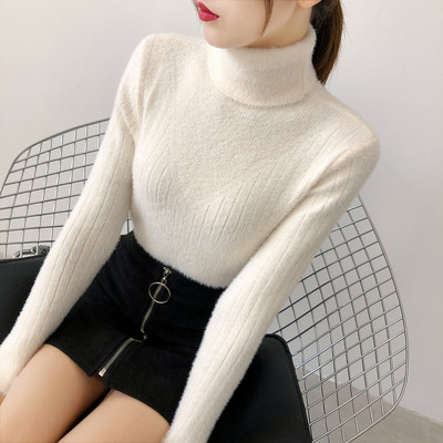 Női téli pehelypulóver magas gallérral bézs, fehér, rózsaszín, kék és fekete színben