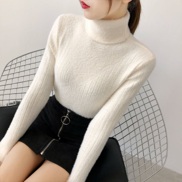 Női téli pehelypulóver magas gallérral bézs, fehér, rózsaszín, kék és fekete színben