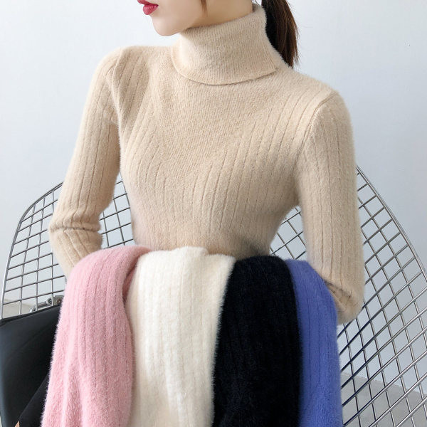 Női téli pehelypulóver magas gallérral bézs, fehér, rózsaszín, kék és fekete színben