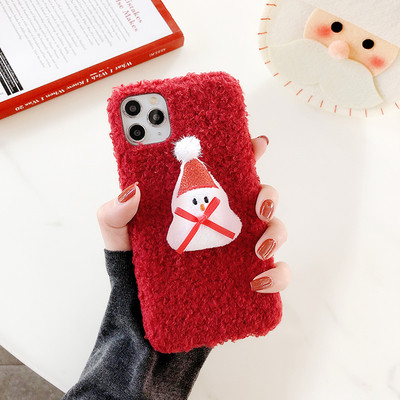 Plüss tok Iphone 11 Pro Max telefonhoz 3D karácsonyi elemmel, piros, narancssárga és sárga színben