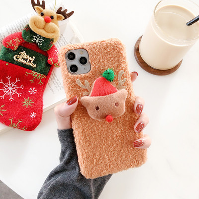 Plüss tok Iphone 11 Pro Max telefonhoz 3D karácsonyi elemmel, piros, narancssárga és sárga színben