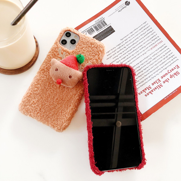 Plüss tok Iphone 11 Pro Max telefonhoz 3D karácsonyi elemmel, piros, narancssárga és sárga színben