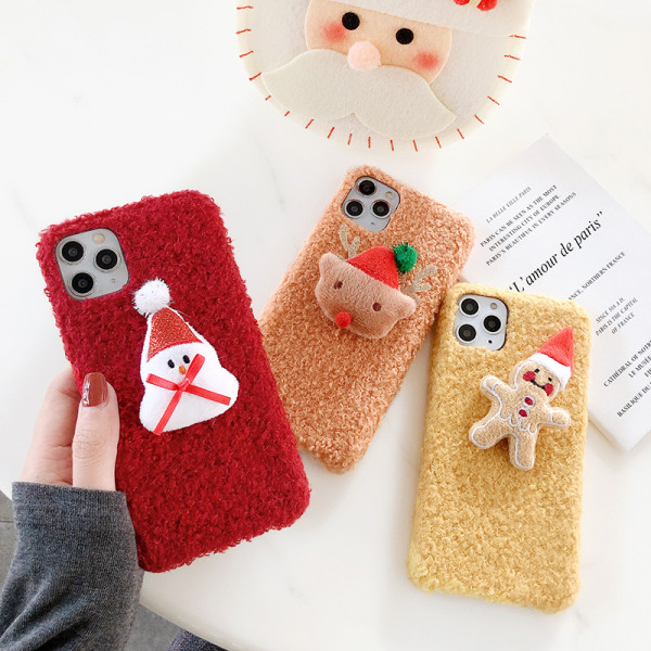 Plüss tok Iphone 11 Pro Max telefonhoz 3D karácsonyi elemmel, piros, narancssárga és sárga színben
