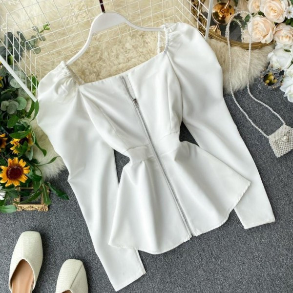 Bluza de dama model nou cu decolteu patrat si fermoar in rosu, alb si negru