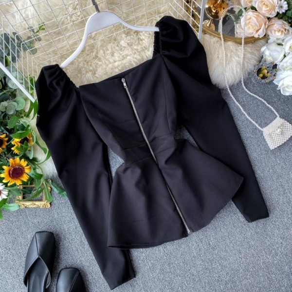 Bluza de dama model nou cu decolteu patrat si fermoar in rosu, alb si negru