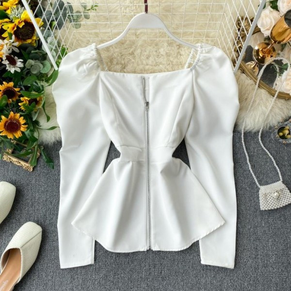 Bluza de dama model nou cu decolteu patrat si fermoar in rosu, alb si negru