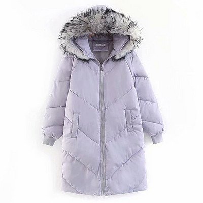 Hosszú téli kabát egyenes modell kapucnival és pehelyszínnel fekete és szürke színben