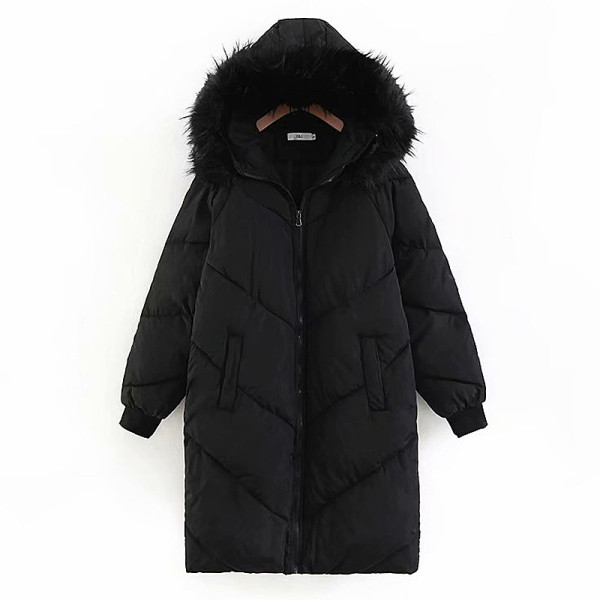 Hosszú téli kabát egyenes modell kapucnival és pehelyszínnel fekete és szürke színben