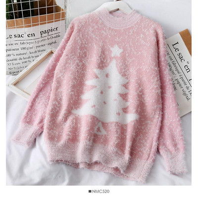 Női karácsonyi hosszú ujjú pulóver rózsaszín, piros, kék és bézs színben