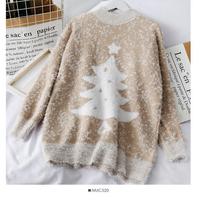 Női karácsonyi hosszú ujjú pulóver rózsaszín, piros, kék és bézs színben