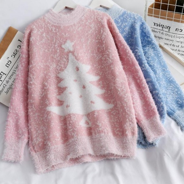 Női karácsonyi hosszú ujjú pulóver rózsaszín, piros, kék és bézs színben