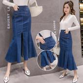 Hosszú kivágott szoknya kék farmer zsebekkel