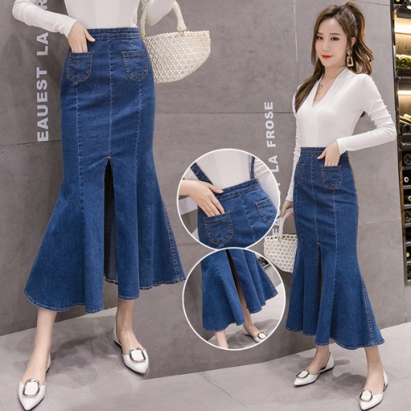 Hosszú kivágott szoknya kék farmer zsebekkel