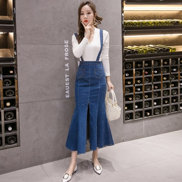 Hosszú kivágott szoknya kék farmer zsebekkel