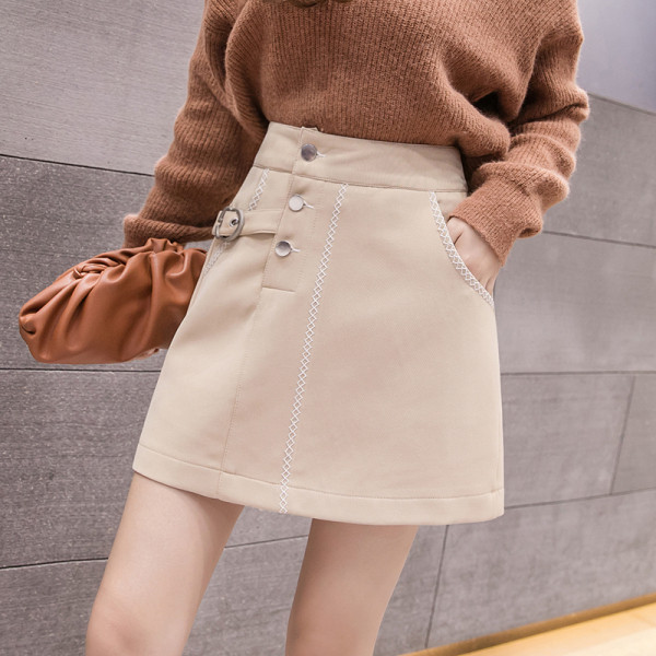 Modern női szoknya bézs és kék színben, gombokkal és magas derékkal